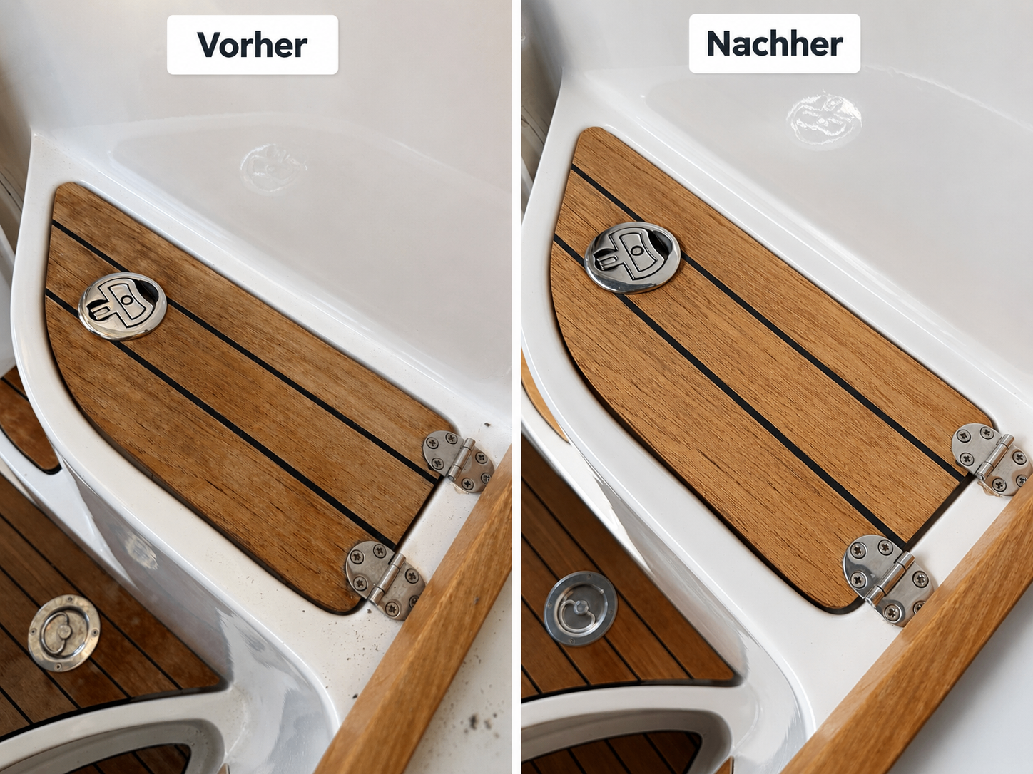 Teakdeck Detail reinigen Vorher Nachher – saubere Teakflächen und gepflegte Fugen
