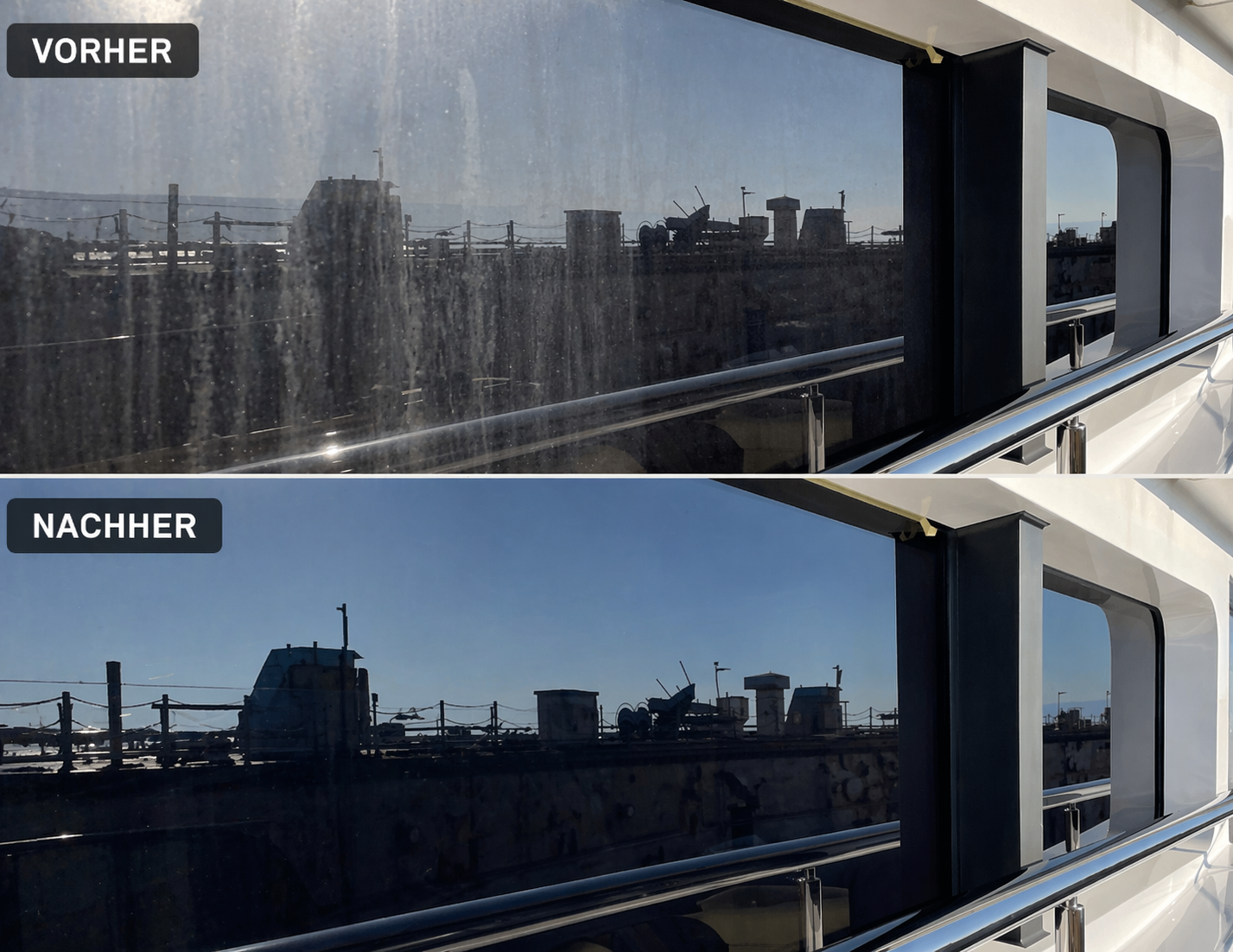 Vorher-Nachher-Vergleich eines Yachtfensters nach professioneller Glasreinigung und Glasversiegelung