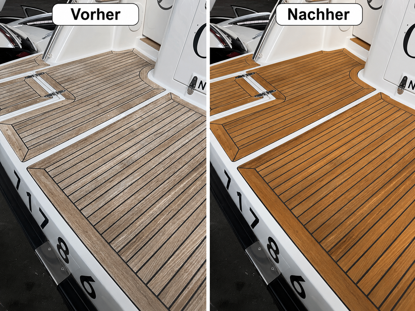 Teakdeck reinigen Vorher Nachher – professionelle Teakdeck-Aufbereitung auf einer Yacht