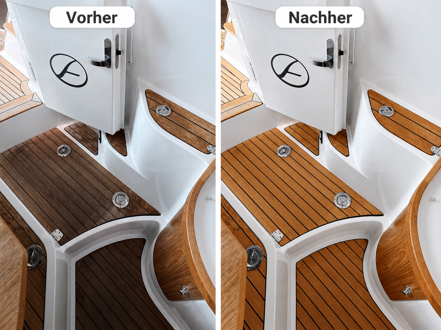 Cockpit Teakdeck reinigen Vorher Nachher – Teakpflege auf Boot und Yacht