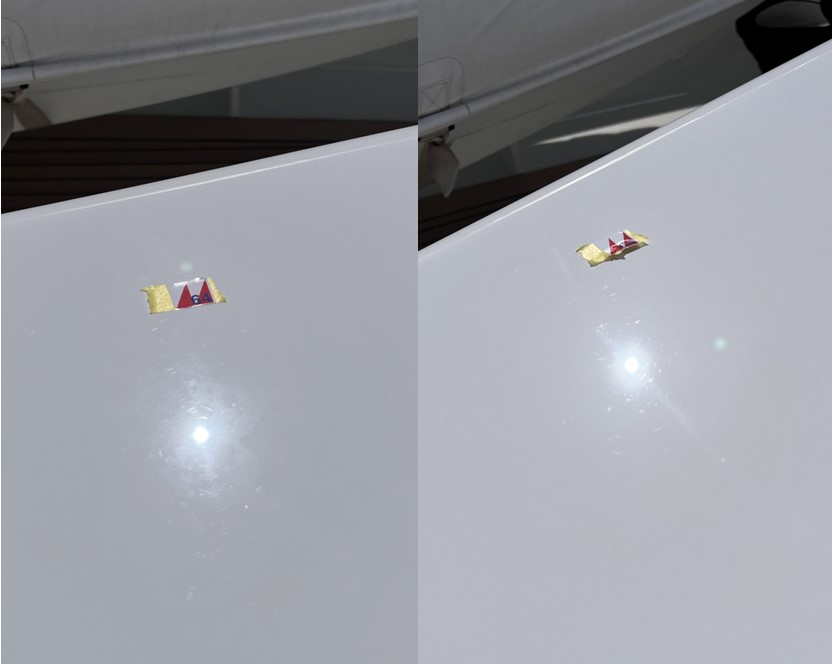 Polishing test area showing before and after comparison on a yacht surface
